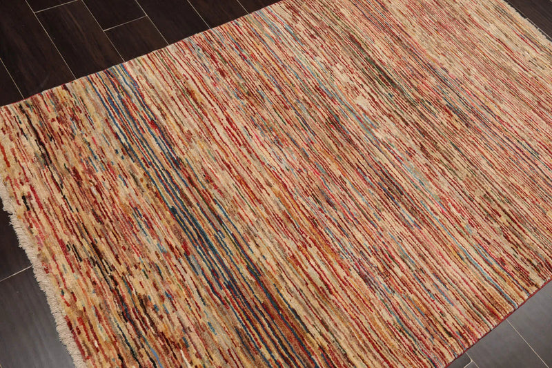 4'x5'11'' Beige, Blue Hand Knotted 100% Wool Peshawar Modern & Contemporary Oriental Area Rug