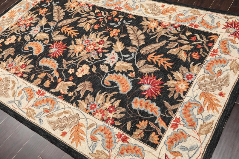 5'3'' x 8'3'' Handmade Hand Hooked 100% Wool Floral Area Rug Charcoal