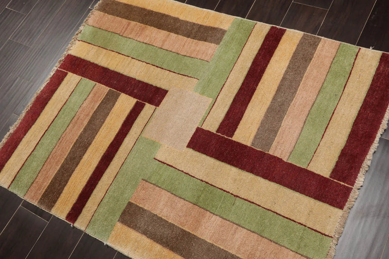 3'4''x4'4'' Beige, Rust Hand Knotted 100% Wool Peshawar Modern & Contemporary Oriental Area Rug