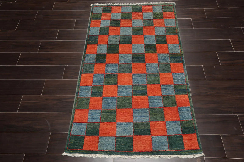 3'x4'7'' Orange, Blue Hand Knotted 100% Wool Peshawar Modern & Contemporary Oriental Area Rug