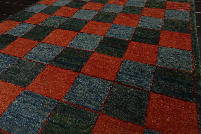 3'x4'7'' Orange, Blue Hand Knotted 100% Wool Peshawar Modern & Contemporary Oriental Area Rug