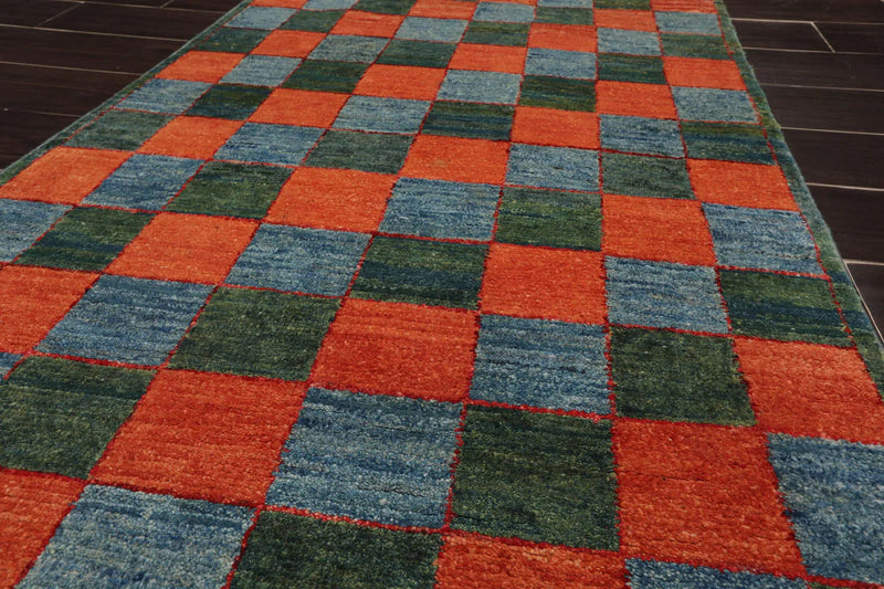 3'x4'7'' Orange, Blue Hand Knotted 100% Wool Peshawar Modern & Contemporary Oriental Area Rug