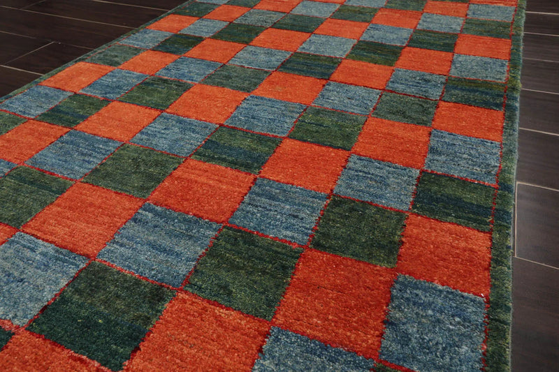 3'x4'7'' Orange, Blue Hand Knotted 100% Wool Peshawar Modern & Contemporary Oriental Area Rug