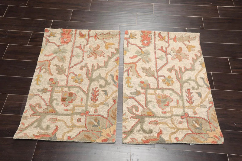 2' x 3' set of two Handmade 100% Wool Transitional Oriental Area Rug Beige, sage