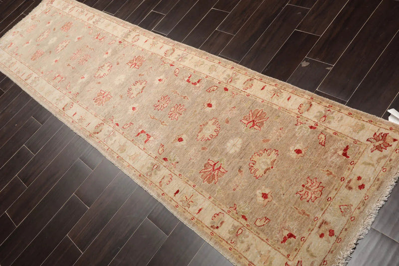2'8''x9'9'' Runner Taupe, Beige Hand Knotted 100% Wool Chobi Peshawar Traditional Oriental Area Rug