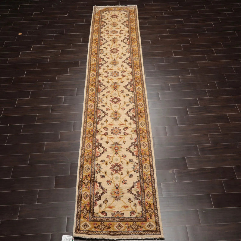 2'7''x13'8'' Runner Beige, Gold Hand Knotted Persian 100% Wool Chobi Peshawar Traditional Oriental Area Rug