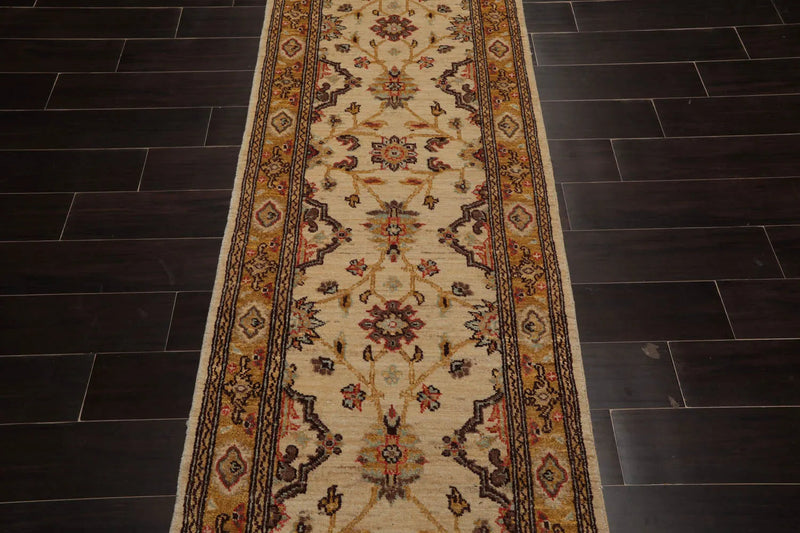 2'7''x13'8'' Runner Beige, Gold Hand Knotted Persian 100% Wool Chobi Peshawar Traditional Oriental Area Rug