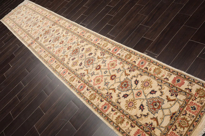 2'7''x13'4'' Runner Beige, Green Hand Knotted Persian 100% Wool Chobi Peshawar Traditional Oriental Area Rug
