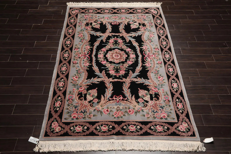 6x9 Black, Powder Blue Hand Knotted Aubusson Savonnerie 100% Wool Asmara Traditional  Oriental Area Rug