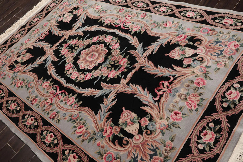 6x9 Black, Powder Blue Hand Knotted Aubusson Savonnerie 100% Wool Asmara Traditional  Oriental Area Rug