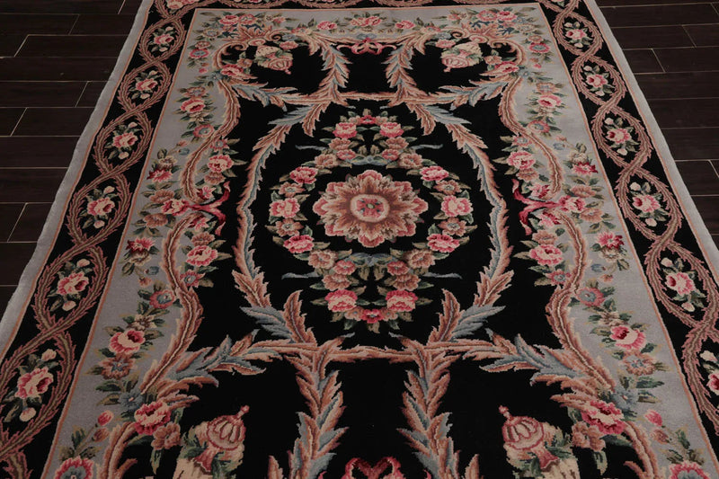 6x9 Black, Powder Blue Hand Knotted Aubusson Savonnerie 100% Wool Asmara Traditional  Oriental Area Rug