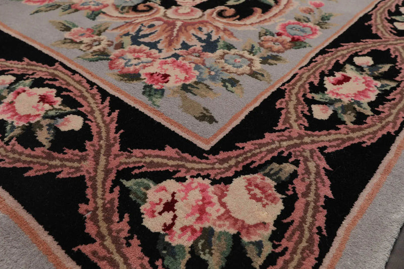 6x9 Black, Powder Blue Hand Knotted Aubusson Savonnerie 100% Wool Asmara Traditional  Oriental Area Rug