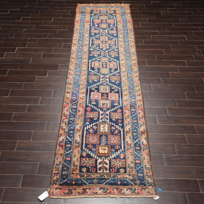 3'6" x 13'7" Antique Runner Hand Knotted Wool Malayar Oriental Area Rug Blue