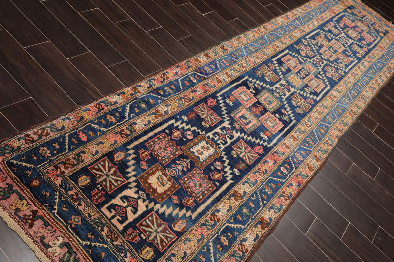 3'6" x 13'7" Antique Runner Hand Knotted Wool Malayar Oriental Area Rug Blue