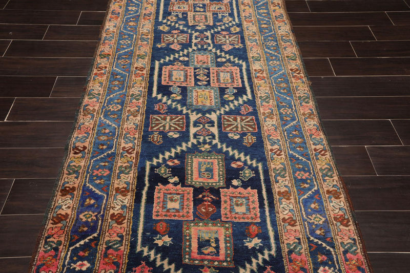 3'6" x 13'7" Antique Runner Hand Knotted Wool Malayar Oriental Area Rug Blue