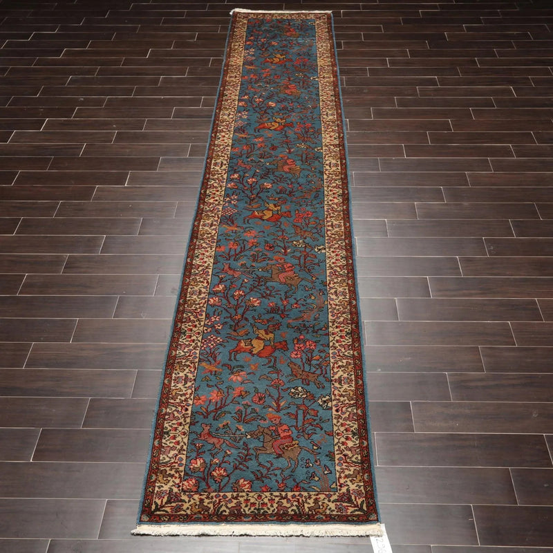 2'7''x14'6'' Runner Hand Knotted Wool Rear Romanian Pictorial Hunting Area Rug Teal