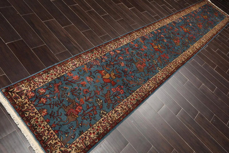 2'7''x14'6'' Runner Hand Knotted Wool Rear Romanian Pictorial Hunting Area Rug Teal