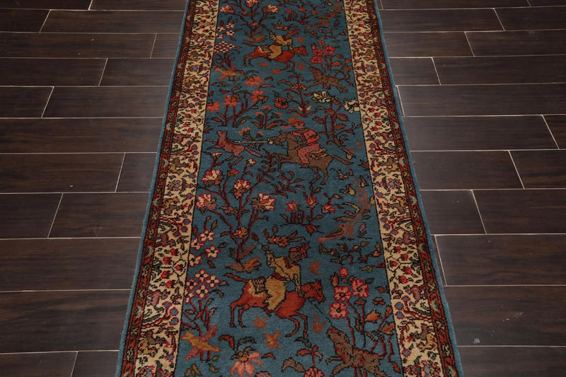 2'7''x14'6'' Runner Hand Knotted Wool Rear Romanian Pictorial Hunting Area Rug Teal