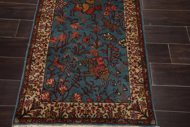 2'7''x14'6'' Runner Hand Knotted Wool Rear Romanian Pictorial Hunting Area Rug Teal