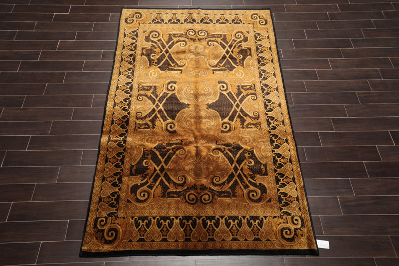 5'4" x 8'11" Hand Knotted S.fine Designer Wool French Savonnerie Area Rug Black, Gold, Tan