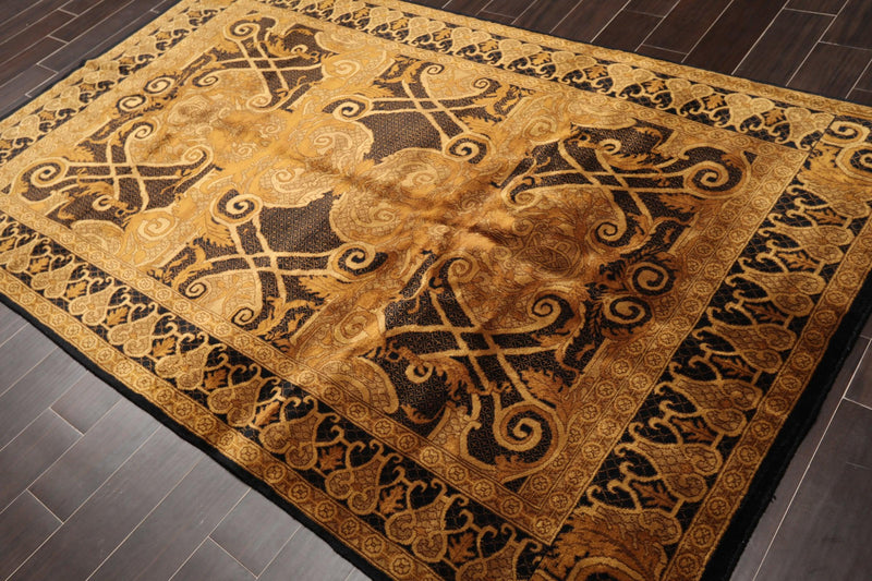 5'4" x 8'11" Hand Knotted S.fine Designer Wool French Savonnerie Area Rug Black, Gold, Tan