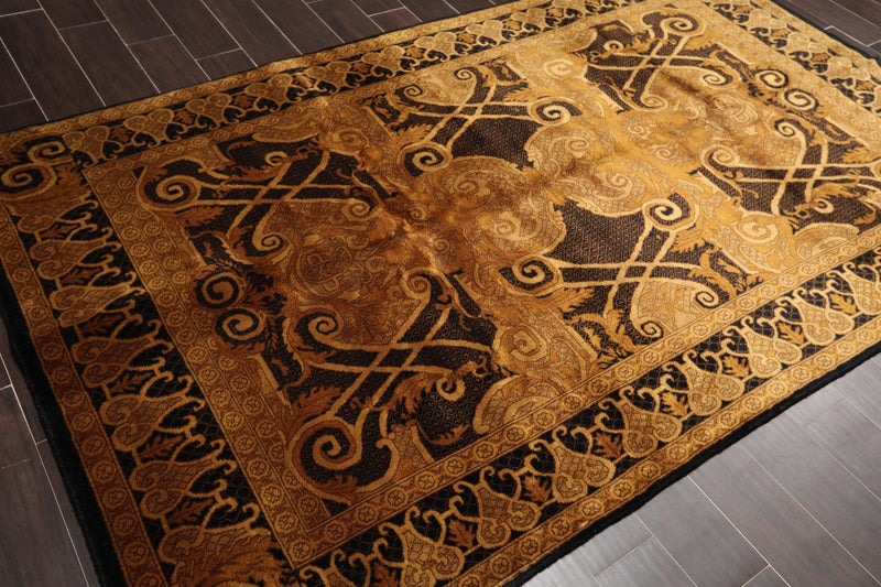 5'4" x 8'11" Hand Knotted S.fine Designer Wool French Savonnerie Area Rug Black, Gold, Tan