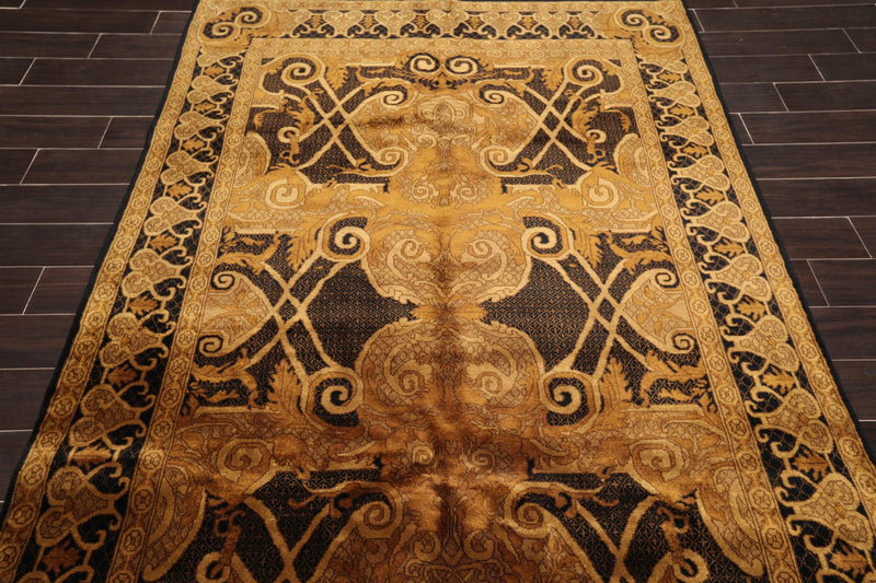 5'4" x 8'11" Hand Knotted S.fine Designer Wool French Savonnerie Area Rug Black, Gold, Tan