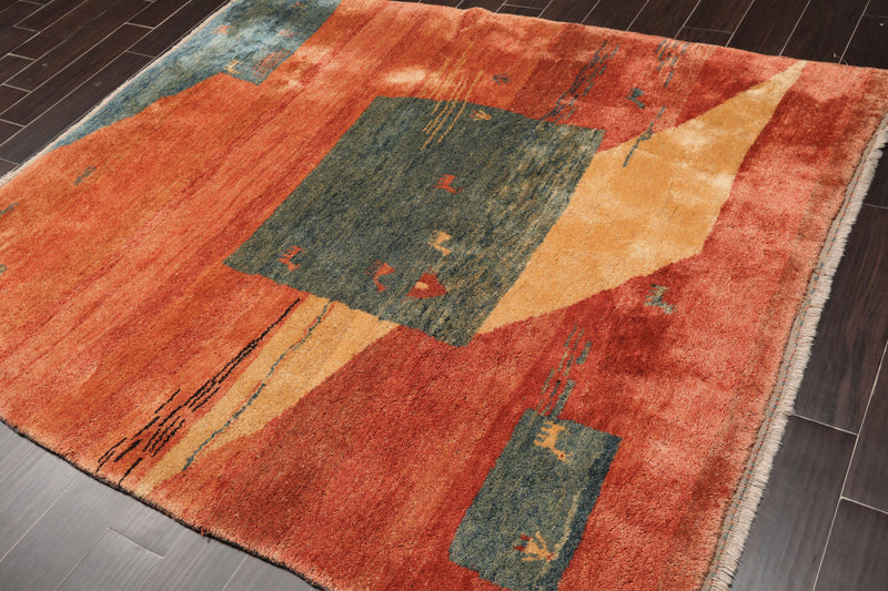 5'10"x7' Hand Knotted Wool Gabbehh Vegetable dyes Oriental Area Rug Burnt Orange