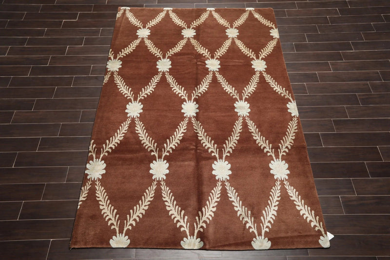 6' x 9' Hand Knotted Trellis Wool & Silk Tibetan Oriental Area Rug Brown