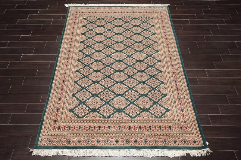 6x9 Teal Green Hand Knotted Wool & Silk 200 KPSI Bokhara Oriental Area Rug
