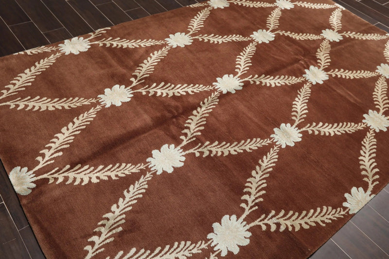 6' x 9' Hand Knotted Trellis Wool & Silk Tibetan Oriental Area Rug Brown