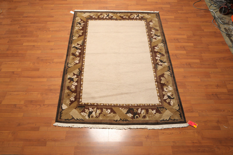 5'9" x 8'1" Hand Knotted Classic Loop/Cut Pile Tibetan Oriental Area Rug Beige