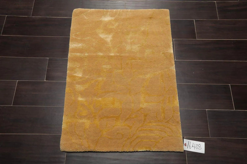 2' x 3' Modern Tibetan Wool and Silk Oriental Area Rug Gold