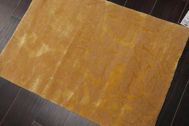2' x 3' Modern Tibetan Wool and Silk Oriental Area Rug Gold