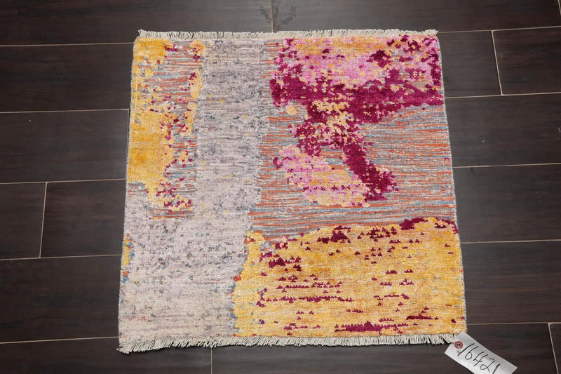 2' x 2' Hand Knotted Wool & Silk Square Modern Tibetan Oriental Area Rug Gold