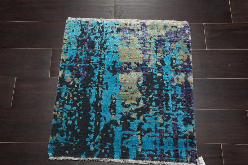 2’ x 2’ Hand Knotted Wool & Silk Modern Square Tibetan Area rug Turquoise