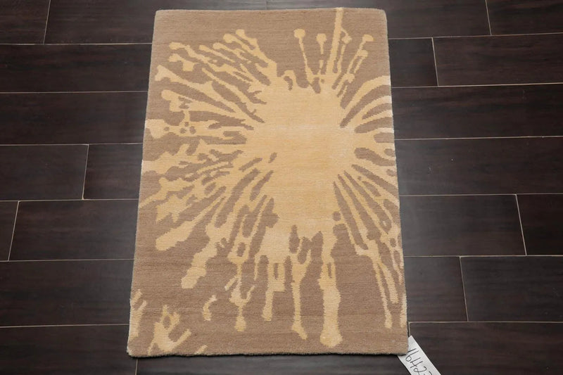 2'x3' Hand Knotted Wool & Silk Modern Tibetan Oriental Area rug Beige