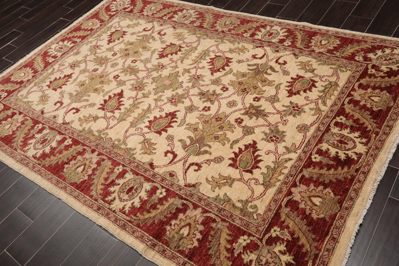5'9" x 8'4" Hand Knotted Peshawar 100% Wool Arts and Craft Area Rug Beige