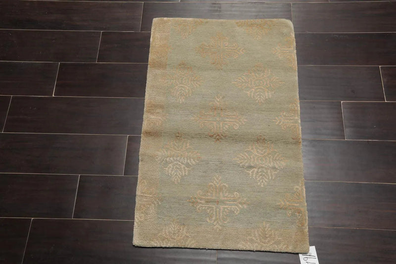 2' x 3' Hand Knotted Wool & Silk Modern Tibetan Oriental Area Rug Aqua, Tan