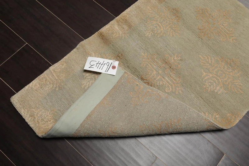 2' x 3' Hand Knotted Wool & Silk Modern Tibetan Oriental Area Rug Aqua, Tan