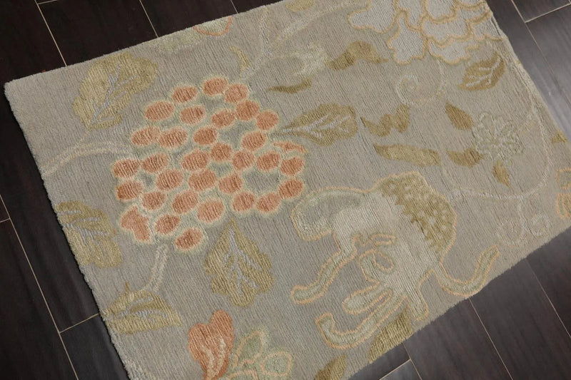 2' x 3' Hand Knotted Wool & Silk Transitional Tibetan Oriental Area Rug Gray