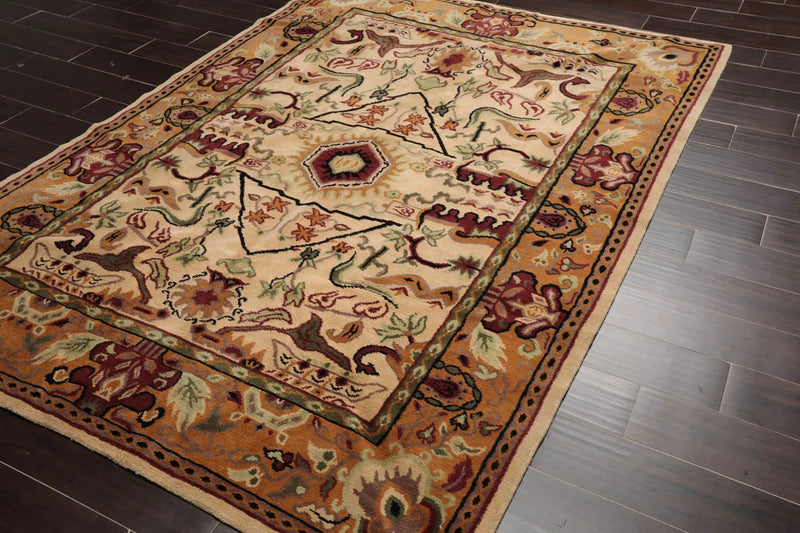5x7 Beige, Tan Hand Knotted Tibetan 100% Wool Traditional Oriental Area Rug