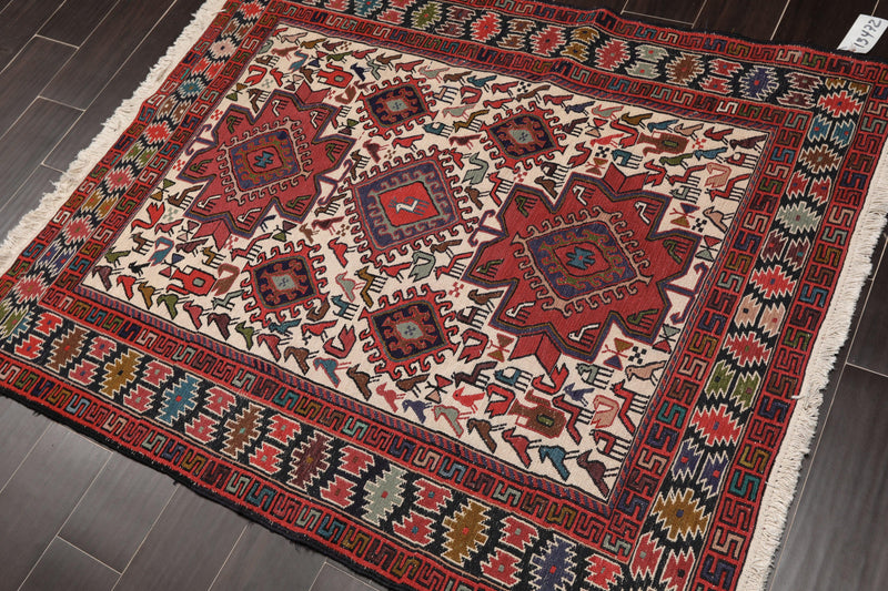 3'10" x 4'9" Hand Knotted 100% Wool Flat pile Area Rug Traditional Ivory