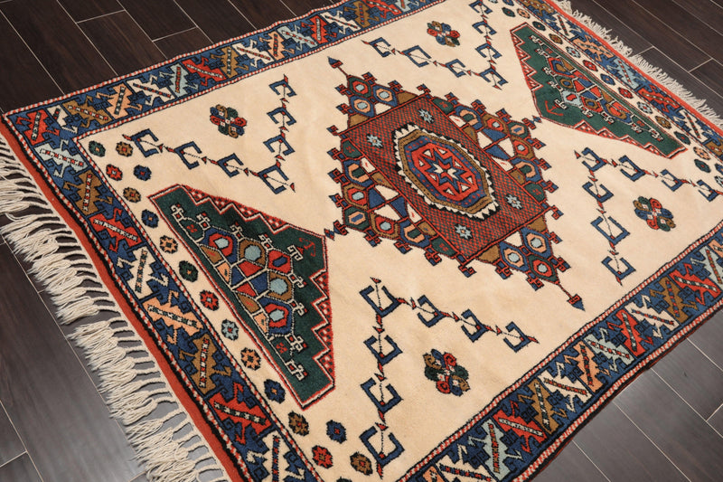 4'7" x 6' Hand Knotted Wool on Wool Tribal Afghan Kazak Veg Dyes Area Rug Ivory