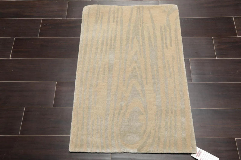 2' x 3' Hand Knotted Wool & Silk Modern Tibetan Oriental Area Rug Beige, Gray