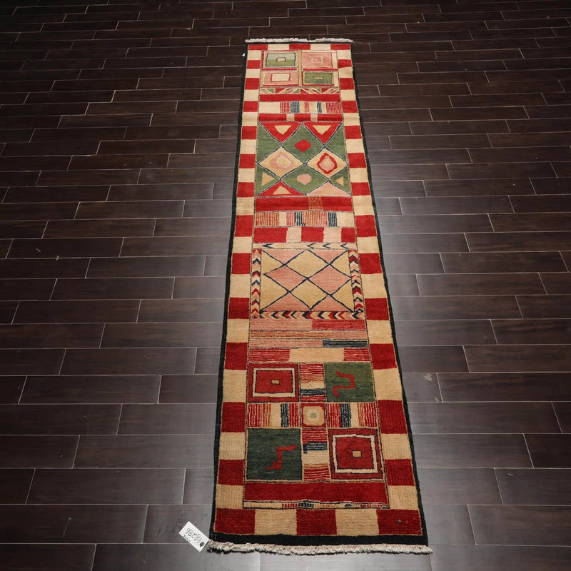 2'7''x12'3'' Runner Red, Green Hand Knotted Tibetan 100% Wool Michaelian & Kohlberg Modern & Contemporary Oriental Area Rug