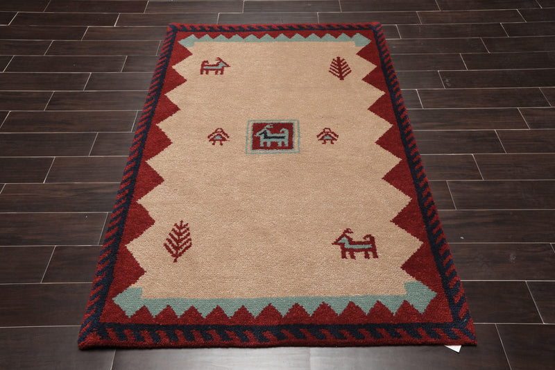 4'1" x 6'1" Hand Knotted Wool thick pile Gabbeh Area Rug Traditional Beige