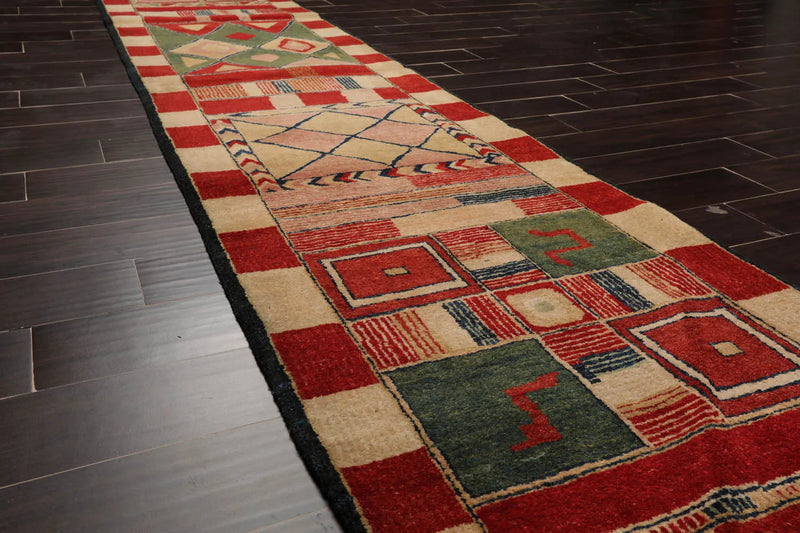 2'7''x12'3'' Runner Red, Green Hand Knotted Tibetan 100% Wool Michaelian & Kohlberg Modern & Contemporary Oriental Area Rug