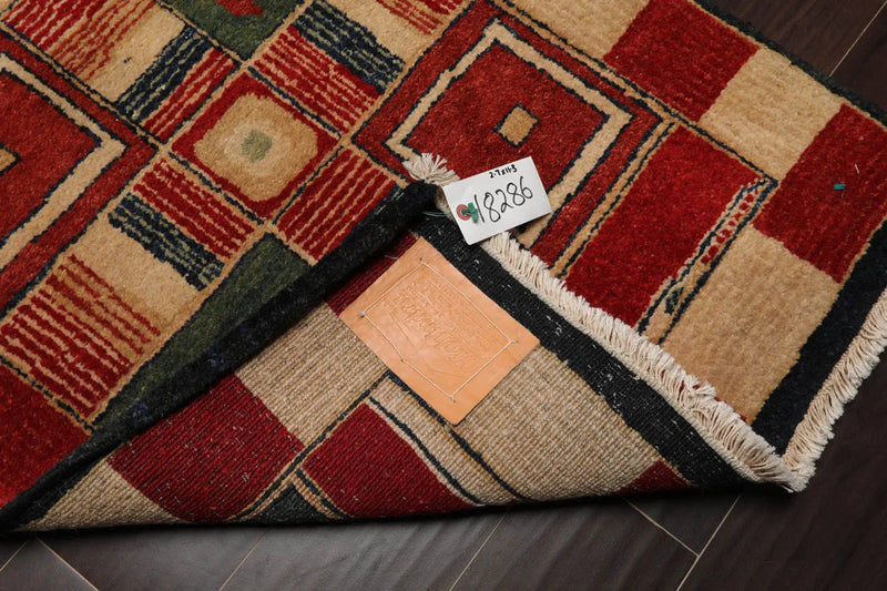 2'7''x12'3'' Runner Red, Green Hand Knotted Tibetan 100% Wool Michaelian & Kohlberg Modern & Contemporary Oriental Area Rug