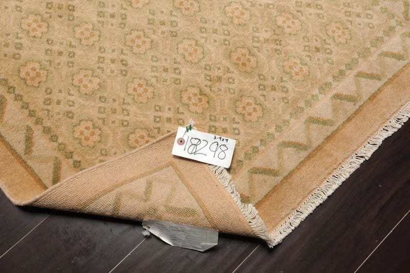3'9''x9' Runner Beige, Sage Hand Knotted Tibetan 100% Wool Michaelian & Kohlberg Transitional Oriental Area Rug